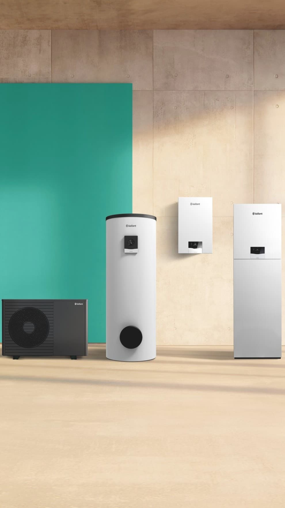 Gamma di sistemi Vaillant per il riscaldamento domestico: pompa di calore, bollitore e caldaia a condensazione